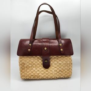 Vintage Woven Wicker Double Handle Saddle Handbag Leather Square Unique